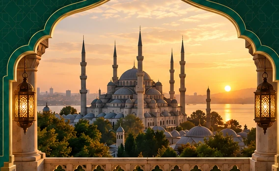 Altın gün ışığında cami manzarası